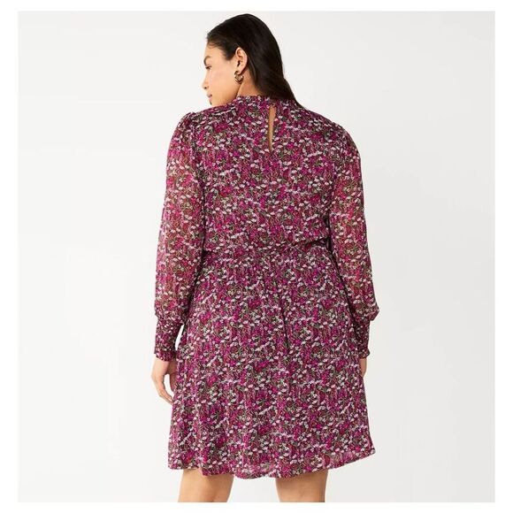 Draper James Long Sleeve Smocked Mini Dress Womens Plus 1X Pink Purple Floral - Picture 2 of 13